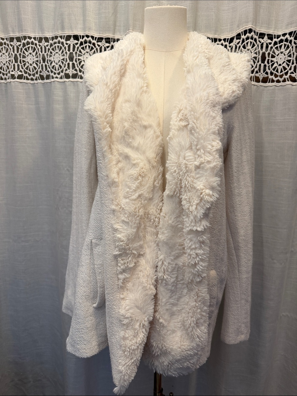 BB Dakota Ivory Faux Fur Trim Open Cardigan